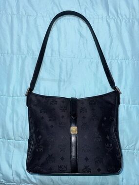 MCM Black Monogram Shoulder Hobo with Gold Accent